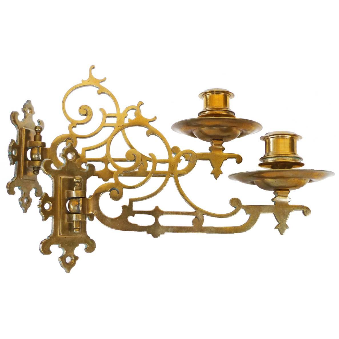 Pair of English Bell Metal Piano Sconces with Original Brackets, circa 1890 For Sale