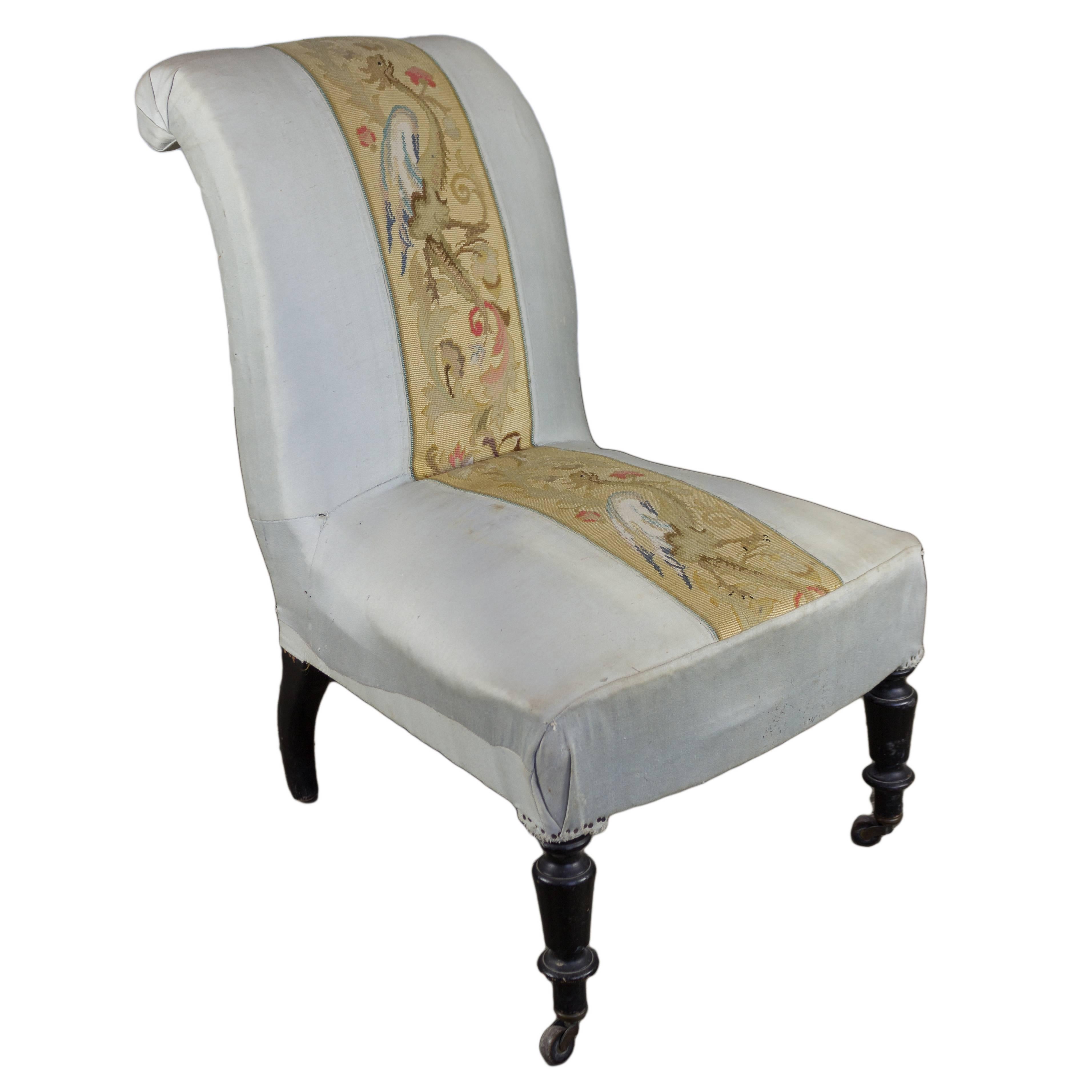 French Scrolled Back Slipper Chair with Embroidery For Sale