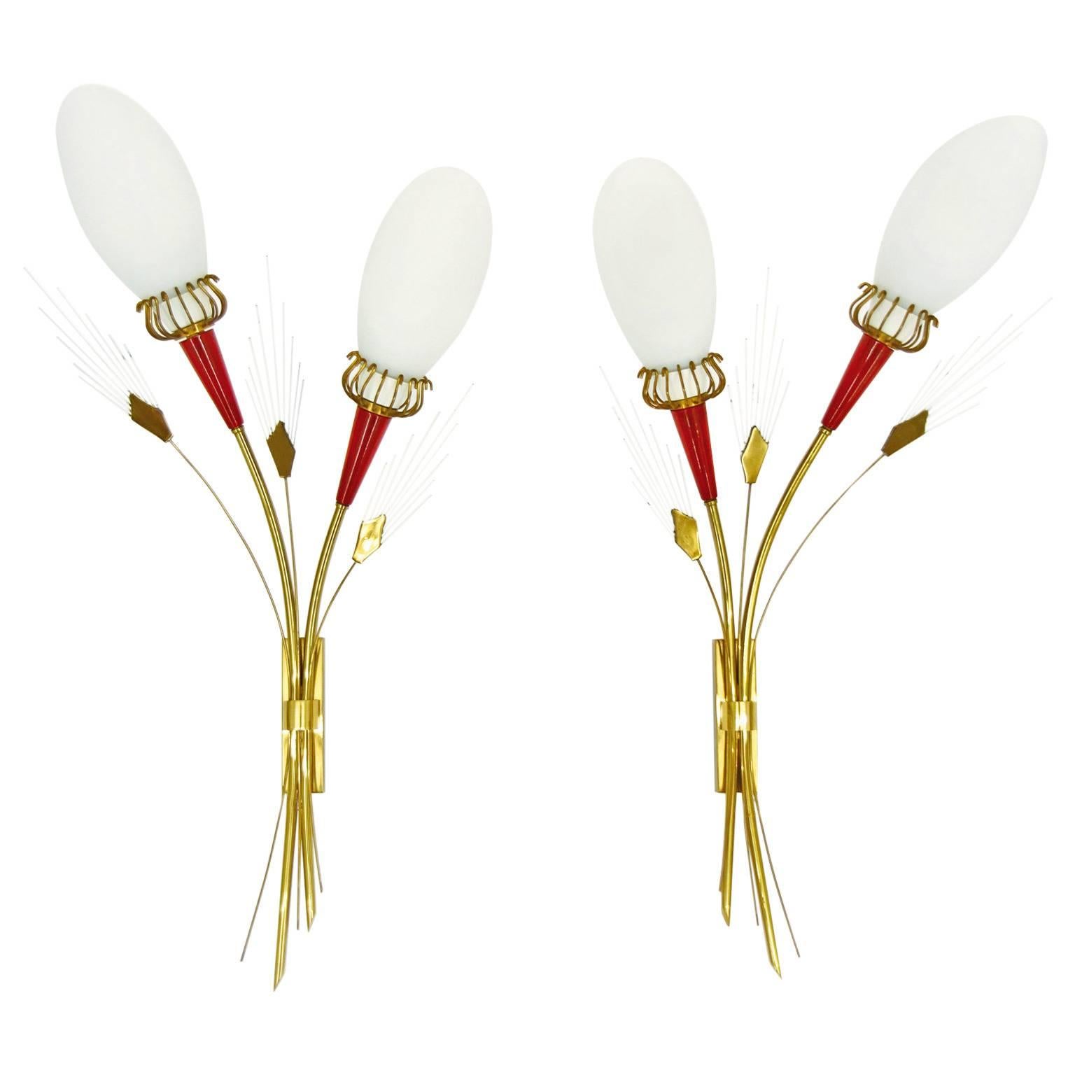 Lyrical Brass and Glass Bouquet Wall Lights by Lunel, France 1950s