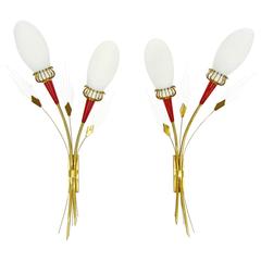 Lyrical Brass and Glass Bouquet Wall Lights by Lunel, France 1950s 9