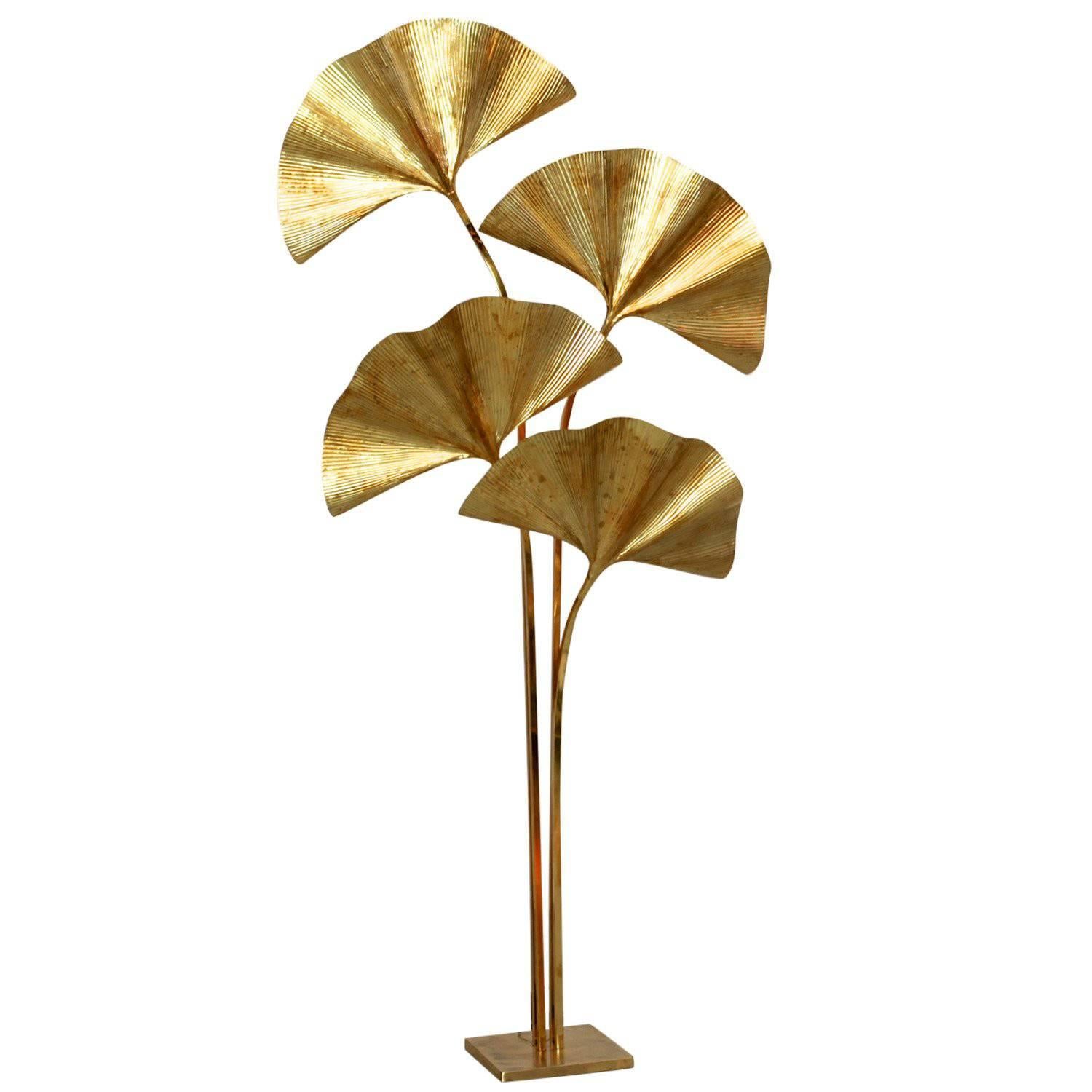 Huge Four Ginkgo Leaf Brass Floor Lamp by Tommaso Barbi