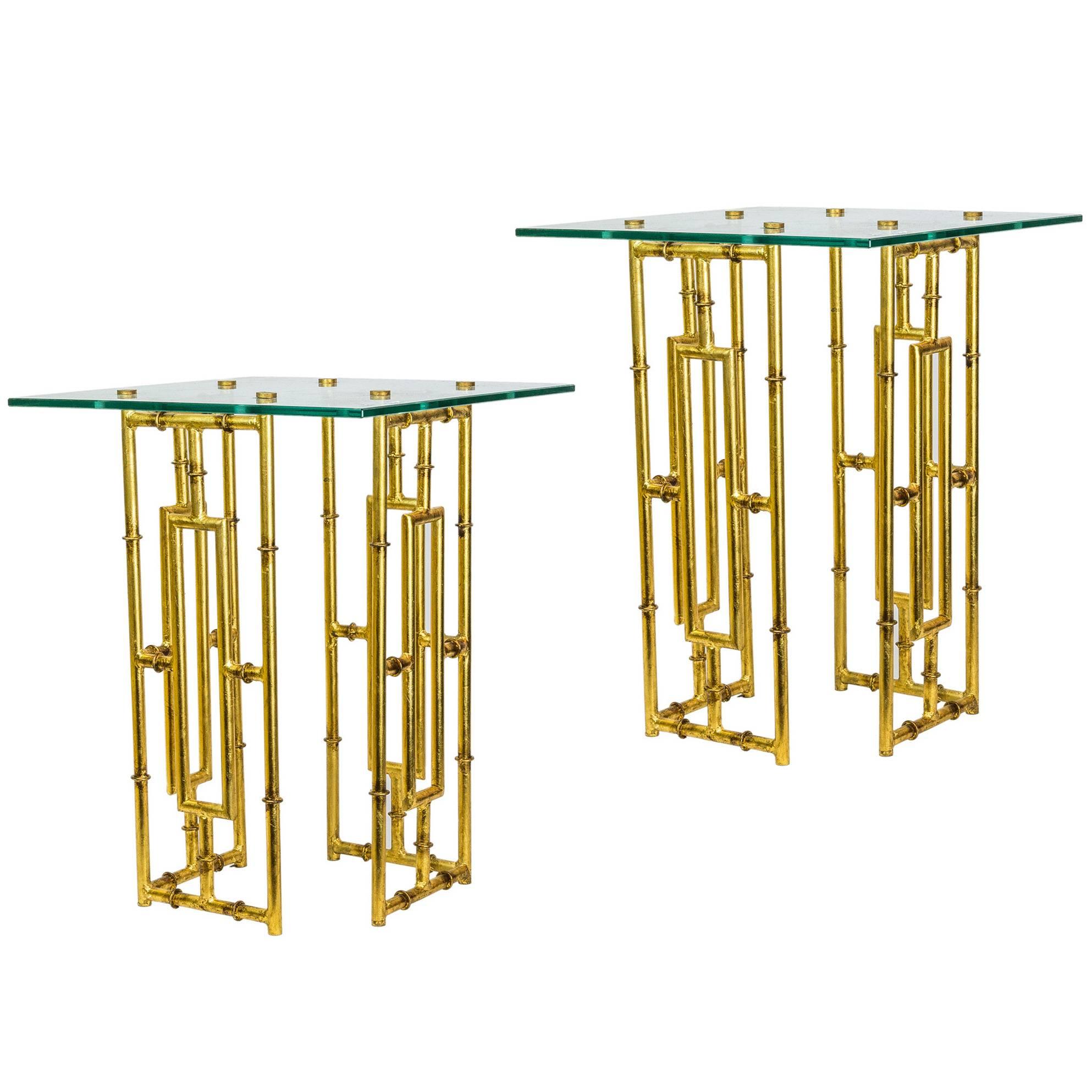 Beautiful Pair of Gilded Wrought Iron Bamboo Form Glass-Top Side Tables