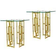 Beautiful Pair of Gilded Wrought Iron Bamboo Form Glass-Top Side Tables