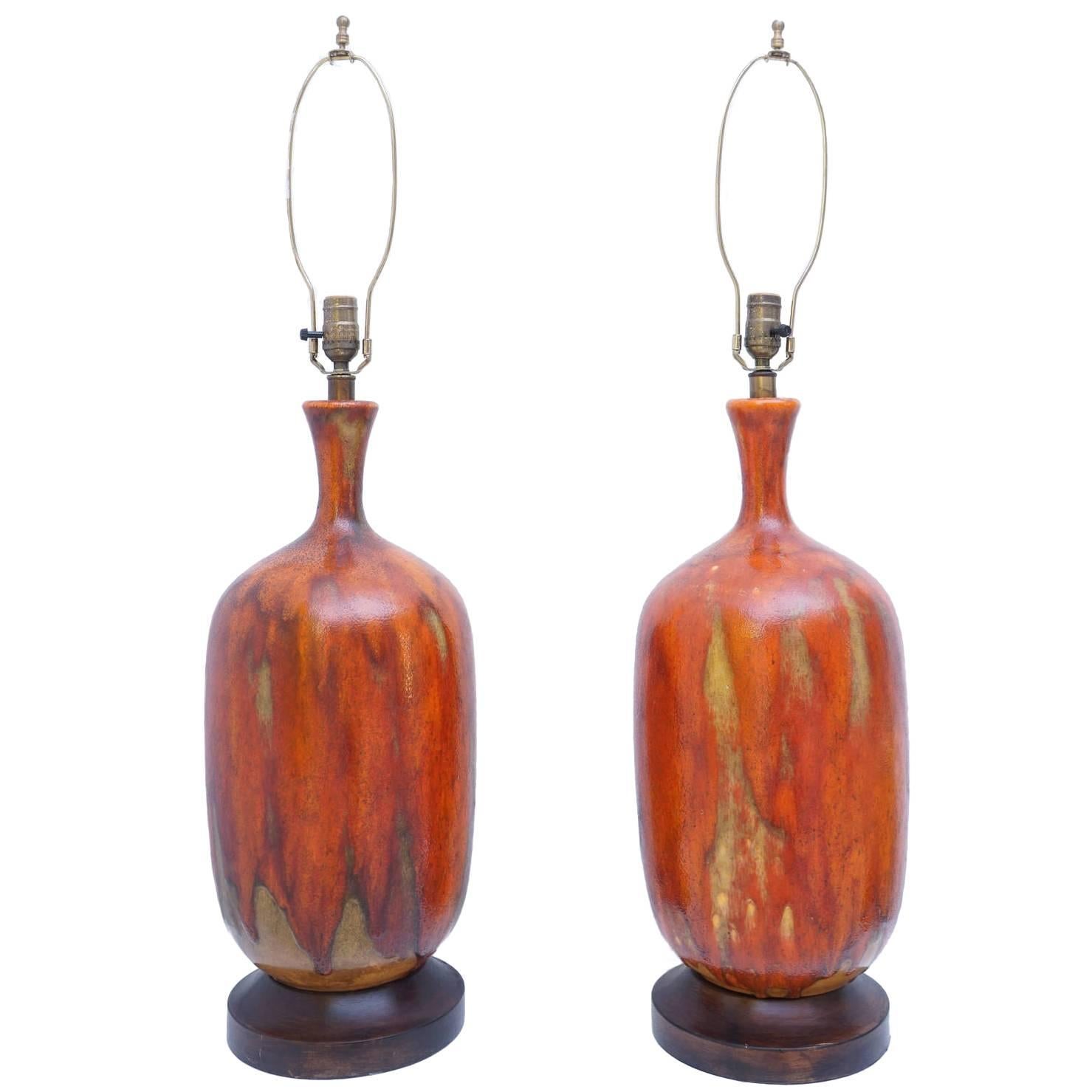 Pair of Orange Glazed Table Lamps For Sale