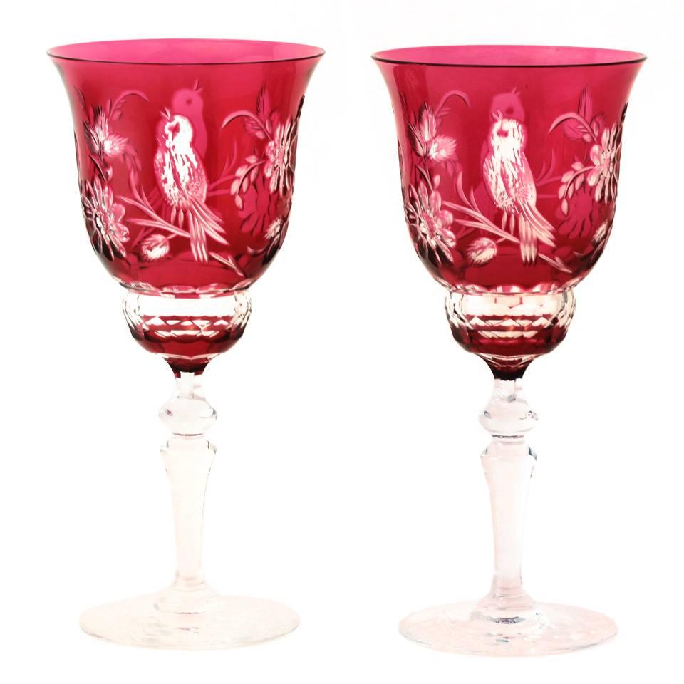 Val St. Lambert, Belgium, circa 1920s. These twelve 8-inch-high Val St. Lambert goblets in cranberry are perfect for wine or water. Renowned for sublime color, meticulous craftsmanship and superb designs, Val stemware is regarded as some of the most
