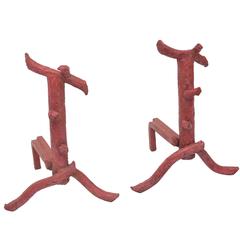 Retro Red Painted Wrought Iron Andirons