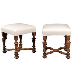 Pair of English Upholstered Walnut Stools with Carved Stretcher