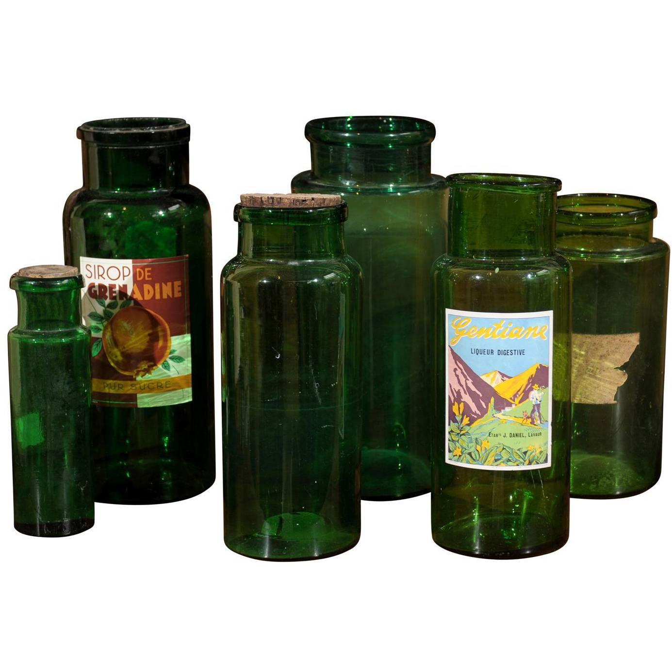 Set of Six Green Old French Pharmacy Jars, Circa 1900