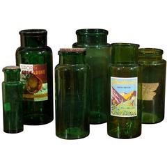 Antique Set of Six Green Old French Pharmacy Jars, Circa 1900