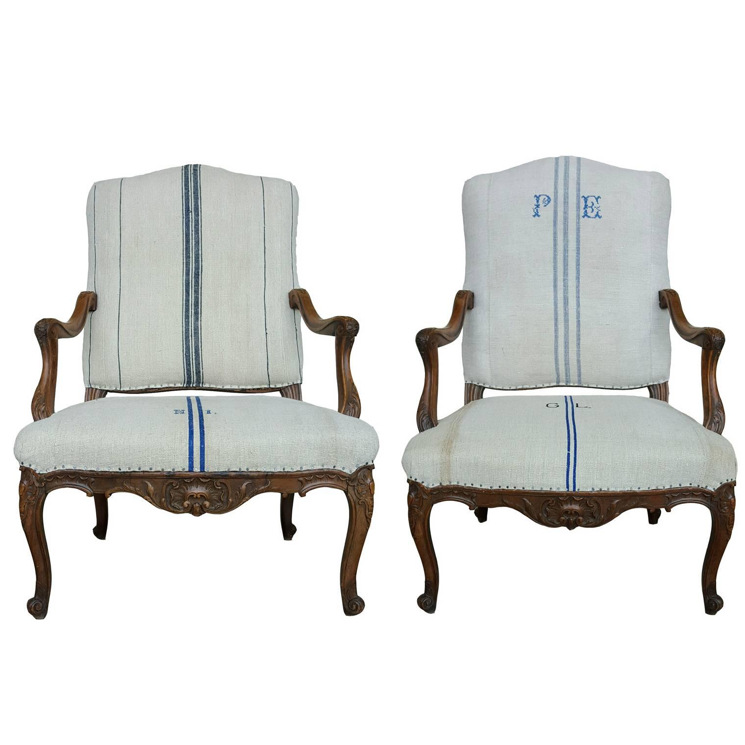 Pair of French Regency Style Walnut Armchairs