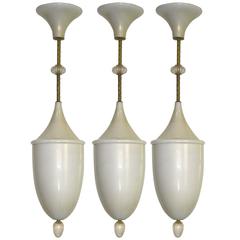 1980s Set of Three Pendant Chandeliers in Gold and Pearl Ivory Murano Glass