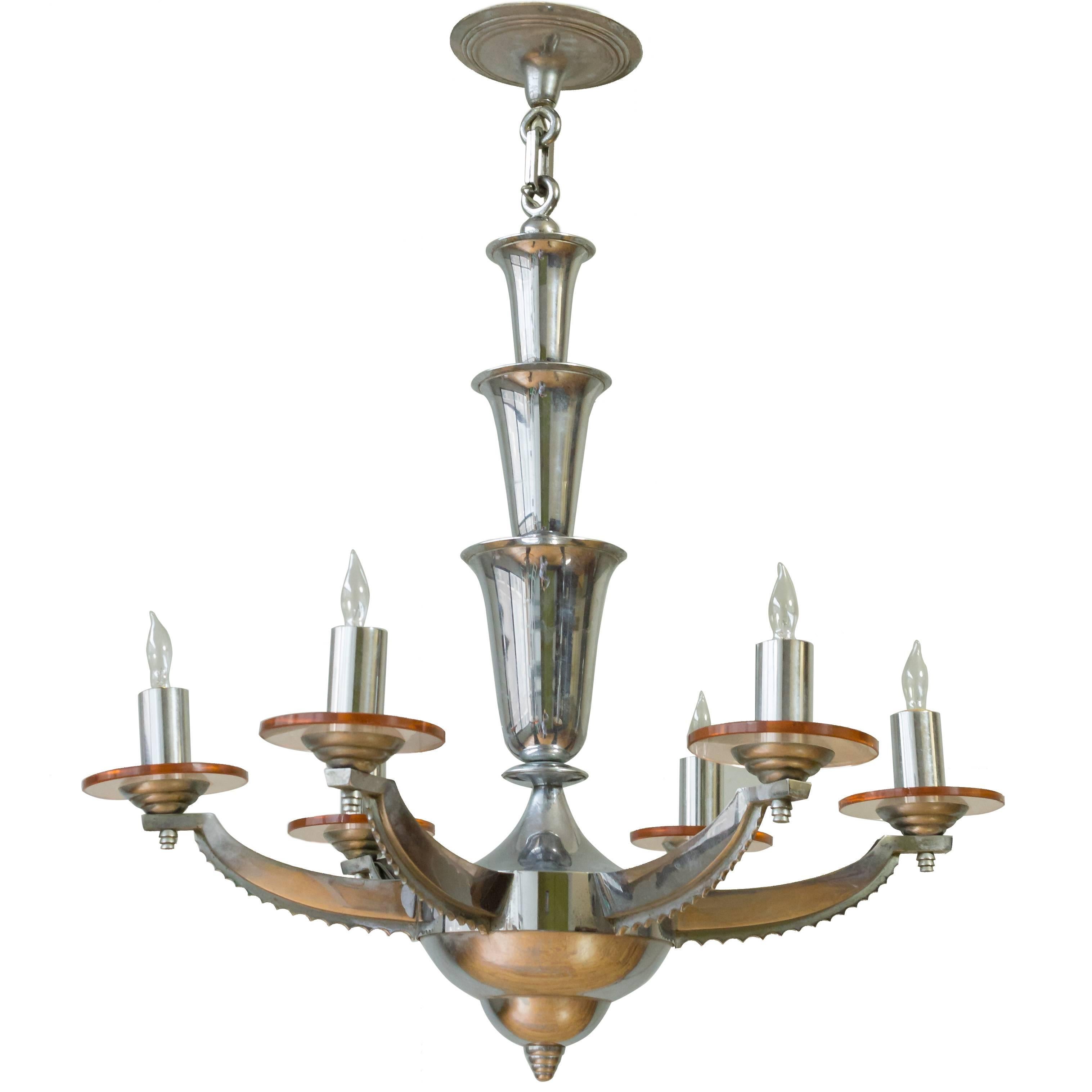 1930s Chrome and Glass Art Deco Chandelier by Petitot