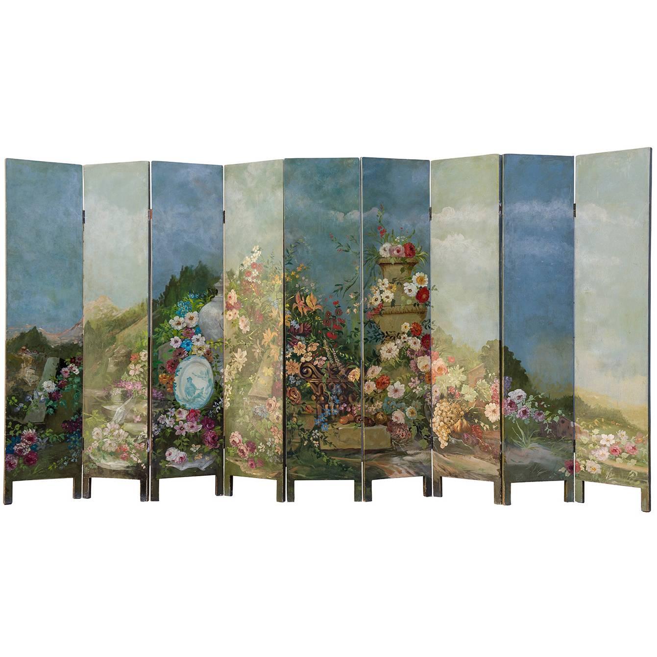 781/M - That's a wonderful very large painting!  On a side: an imaginary garden with flowers' triumph, all lacquered on 9 panels -  on the other side: some simple Chinese patterns on a light surface.
The central panel has been replaced because