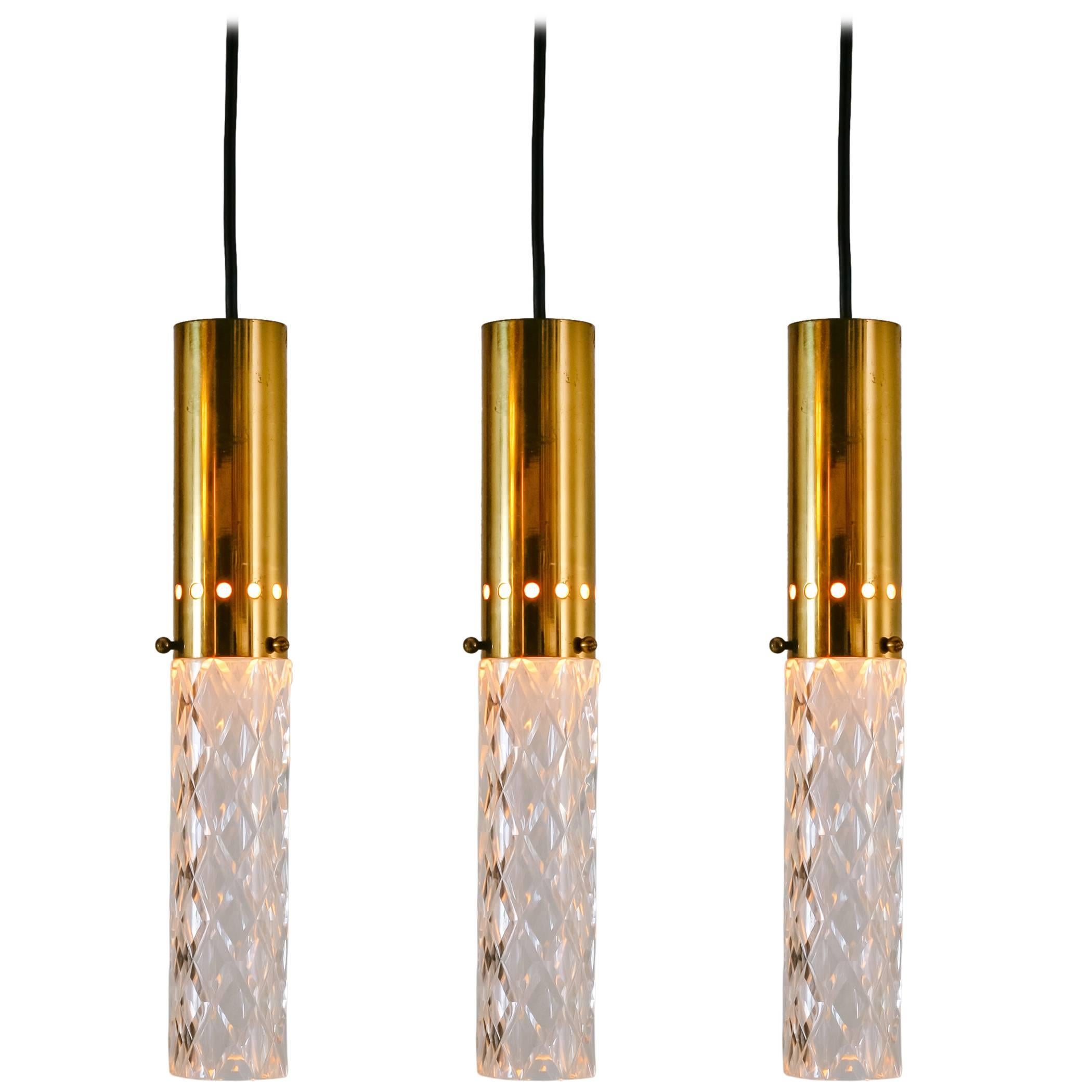 Set of three Brass and Crystal thin and cylindrial pendant, Italy, 1950s For Sale