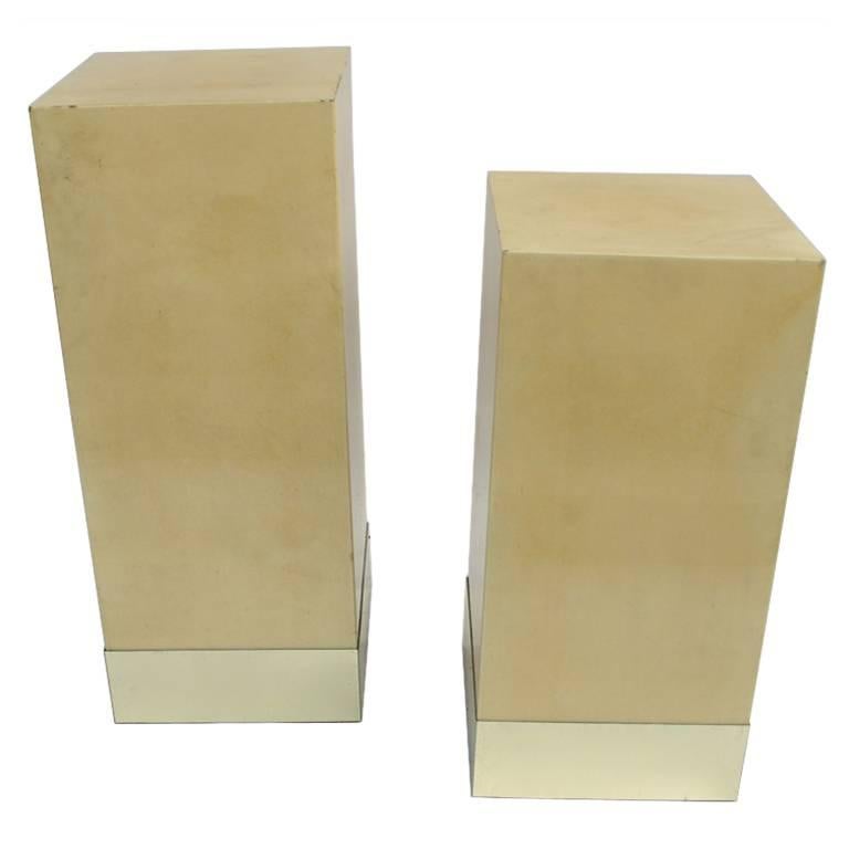 Pair of column side tables in parchment by Aldo Tura, Italy, circa 1980