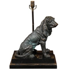 Vintage Bronze Hound Dog Table Lamp on Marble and Wood Base