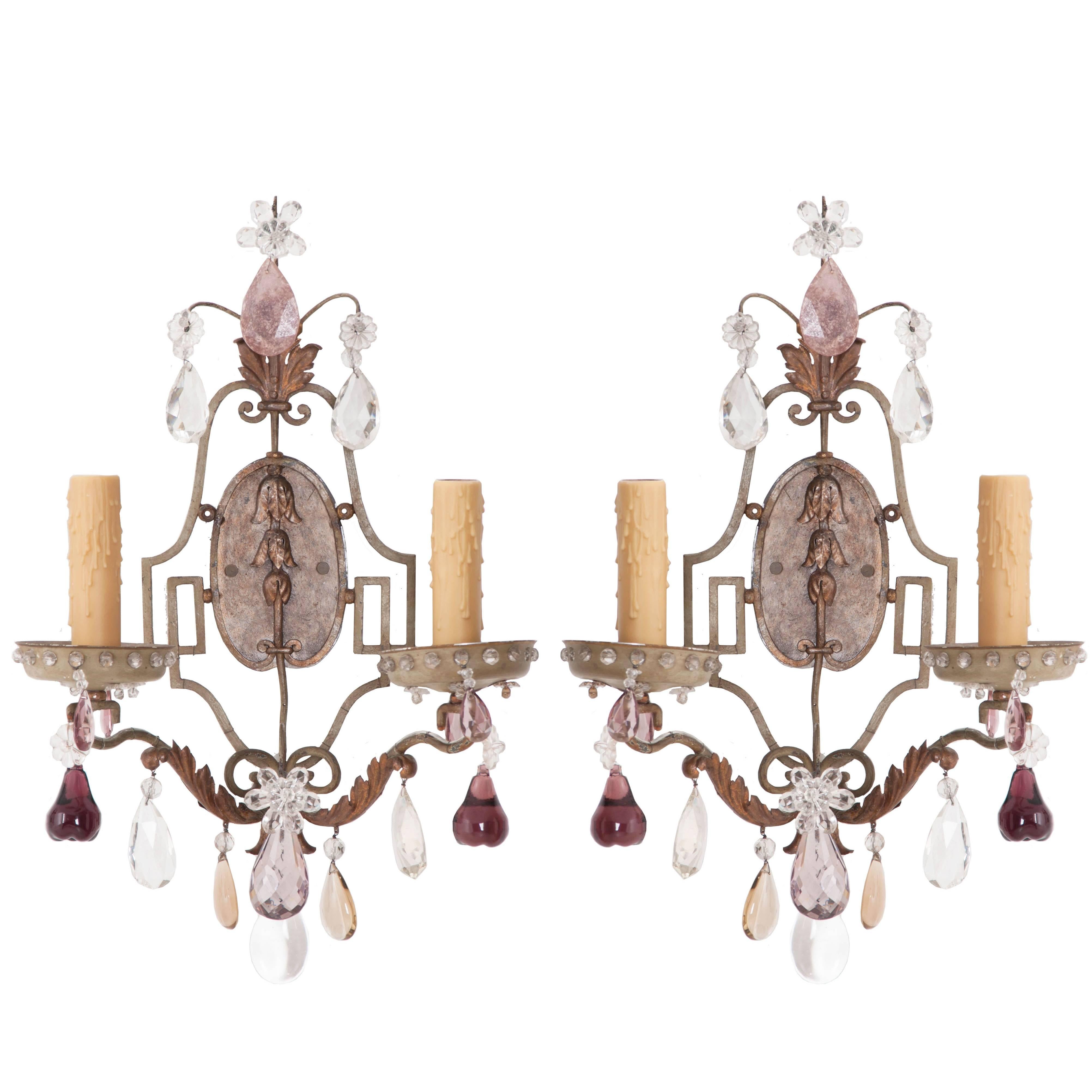 Pair of French Painted and Crystal Sconces