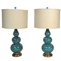 Pair of Tall 1960s Blue and Green Triple Gourd Pottery Lamps