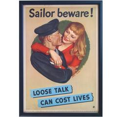 "Sailor Beware! Loose Talk Can Cost Lives" Vintage WWII Poster, circa 1942