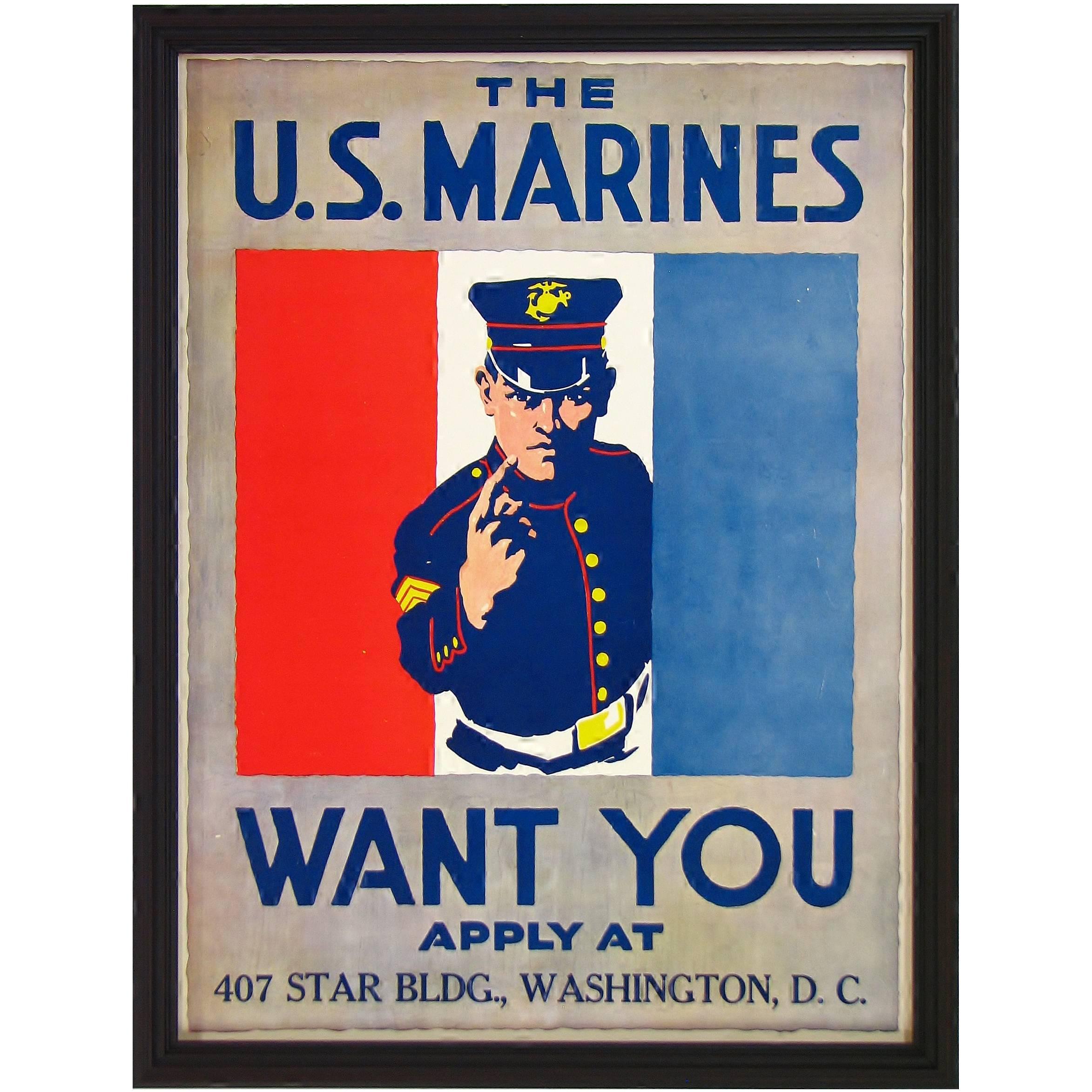 "The U.S. Marines Want You Vintage" WWI DC Recruitment Poster, circa 1918