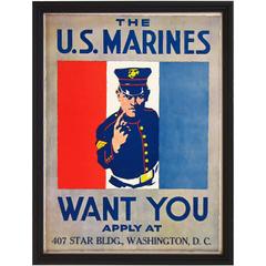 "The U.S. Marines Want You Antique" WWI DC Recruitment Poster, circa 1918