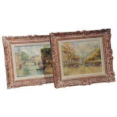 Pair of Antique Paris Scenes Paintings in Original Frames