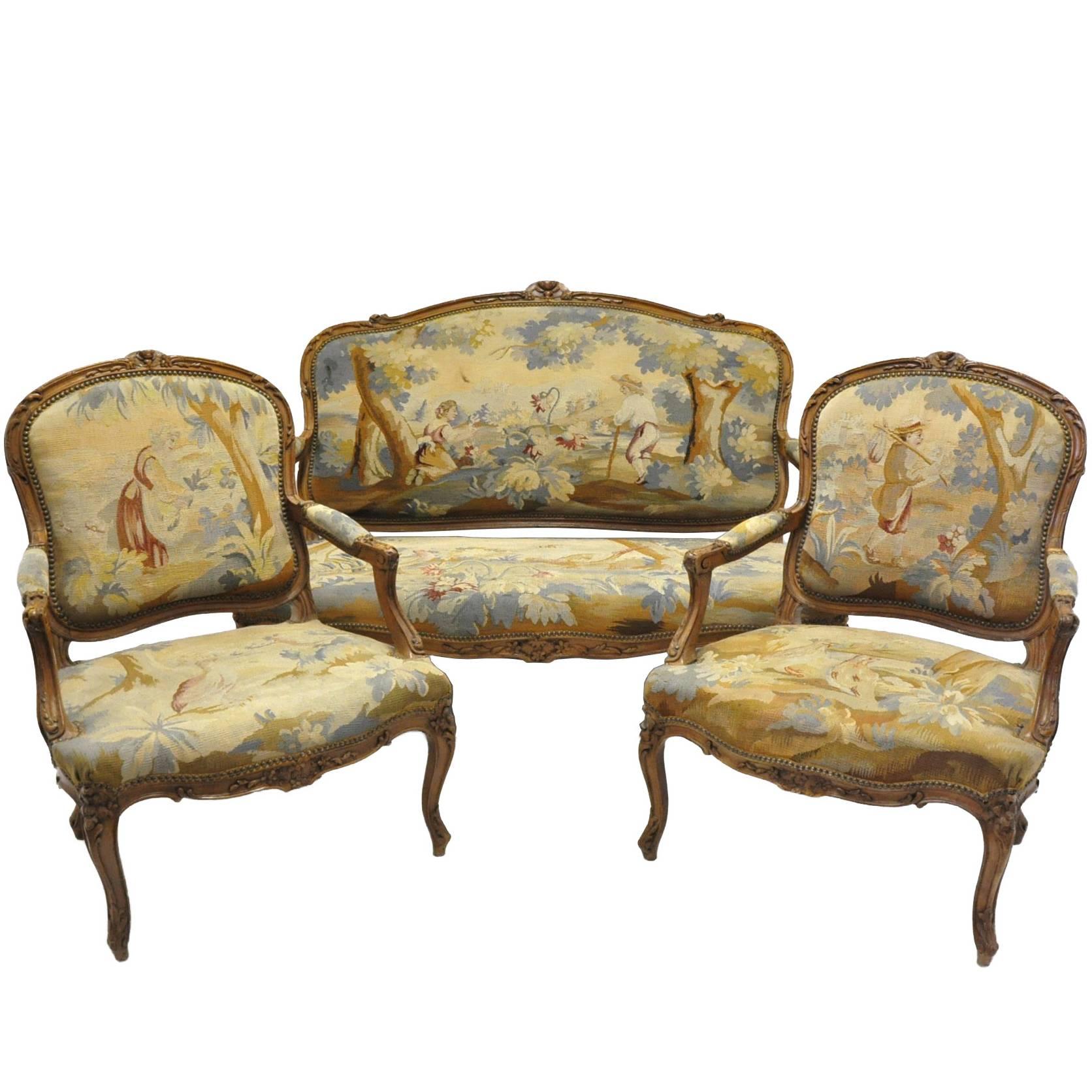 Three-Piece Antique Louis XV Salon Seating Set with Aubusson Tapestry