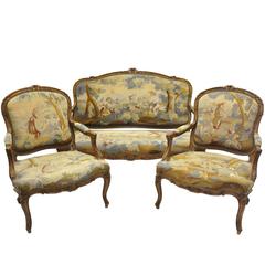 Three-Piece Antique Louis XV Salon Seating Set with Aubusson Tapestry