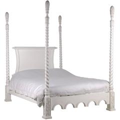 Vintage Four-Poster King-Size Bed, White, French Louis XV, Farmhouse Chic Style