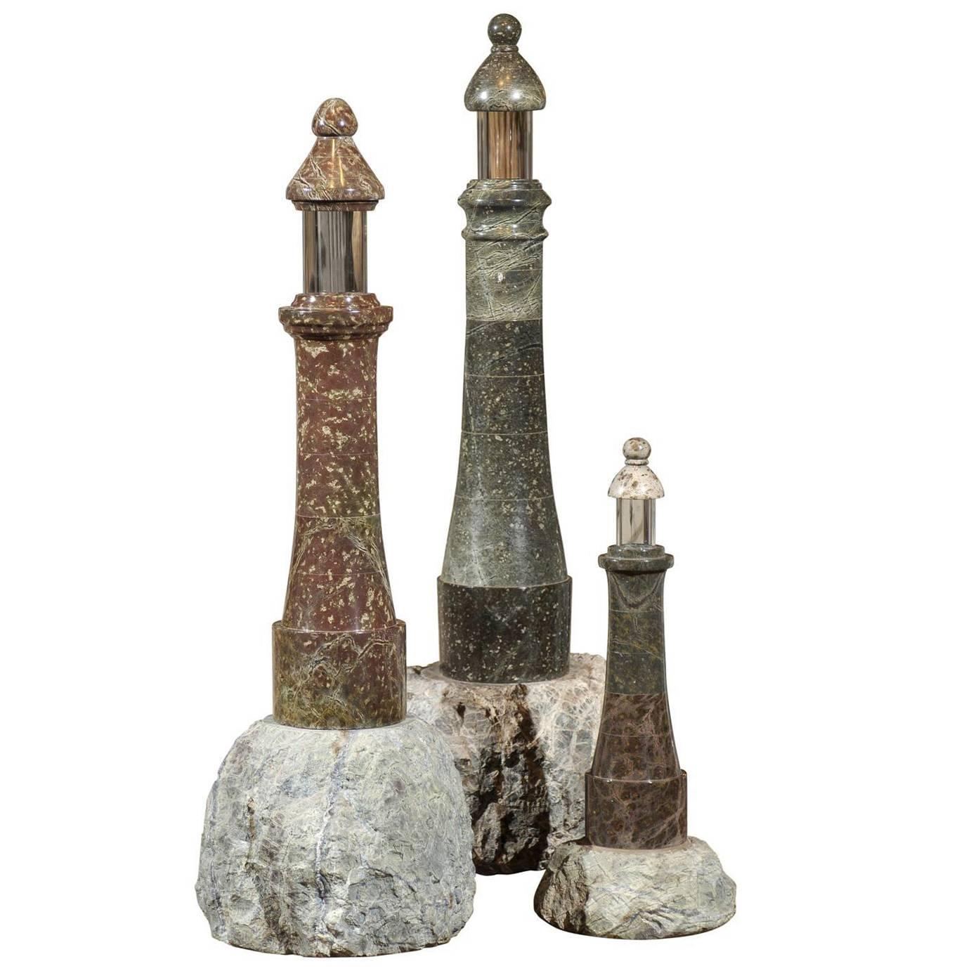 Set of Three English Late 19th Century Marble Lighthouse Figurines on Stone Base