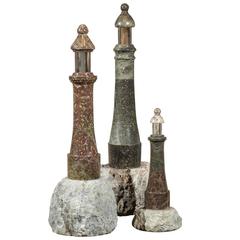 Antique Set of Three English Late 19th Century Marble Lighthouse Figurines on Stone Base
