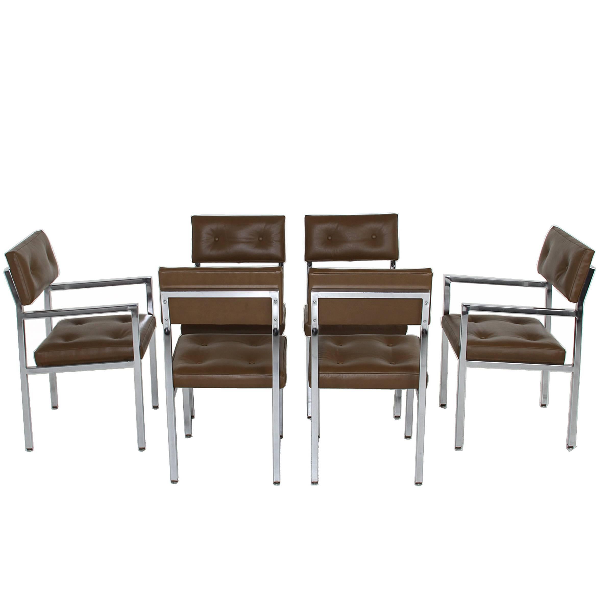 Set of Olive Green Tufted Leather and Chrome Dining Chairs