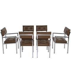 Set of Olive Green Tufted Leather and Chrome Dining Chairs