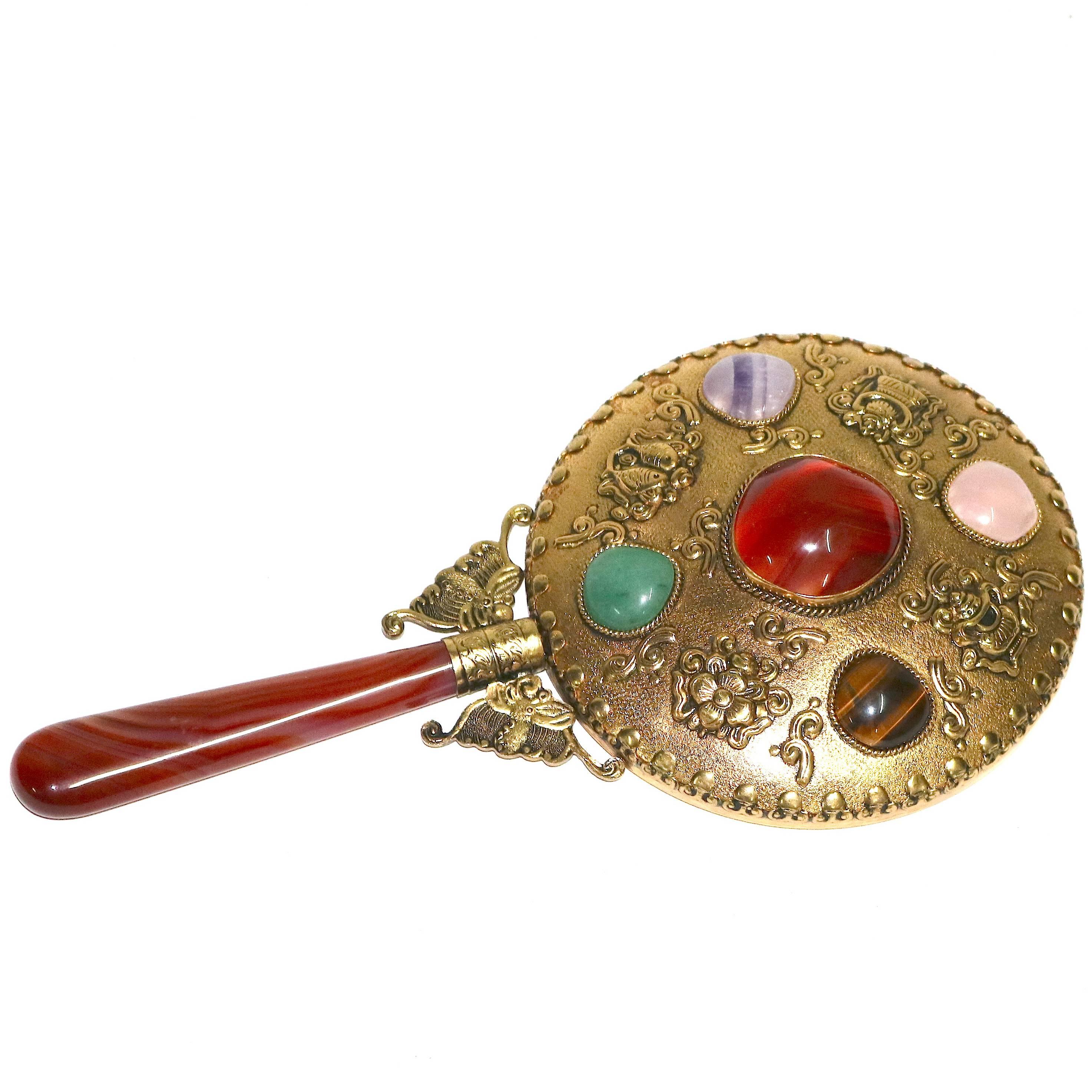 Lovely Gilt Metal Hand Mirror with Semi Precious Stone Inlay For Sale