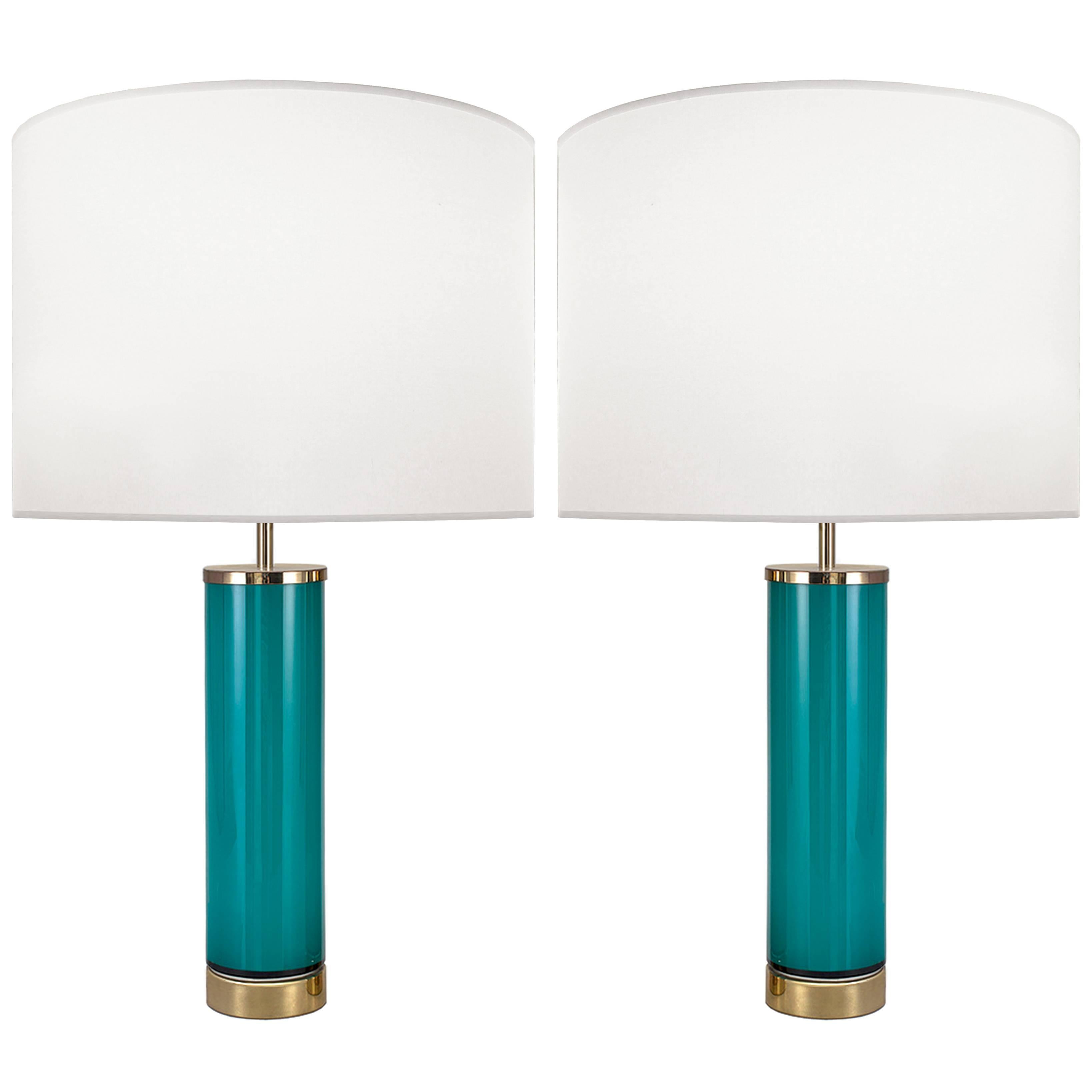 Pair of Swedish Aqua Glass Lamps For Sale