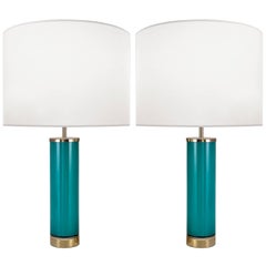 Pair of Swedish Aqua Glass Lamps