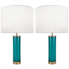 Pair of Swedish Aqua Glass Lamps 11