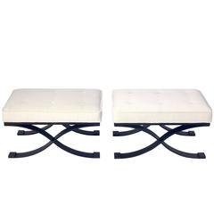 Pair of Elegant X Base Benches in Bronze Finished Metal and Ivory Velvet