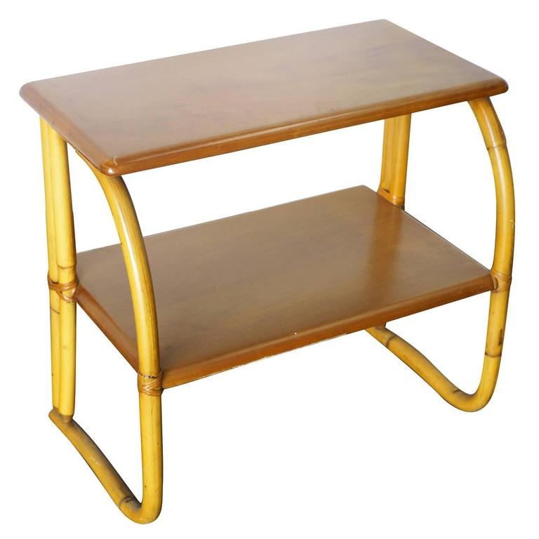 Restored Rattan Side Table w Mahogany Top by Heywood Wakefield