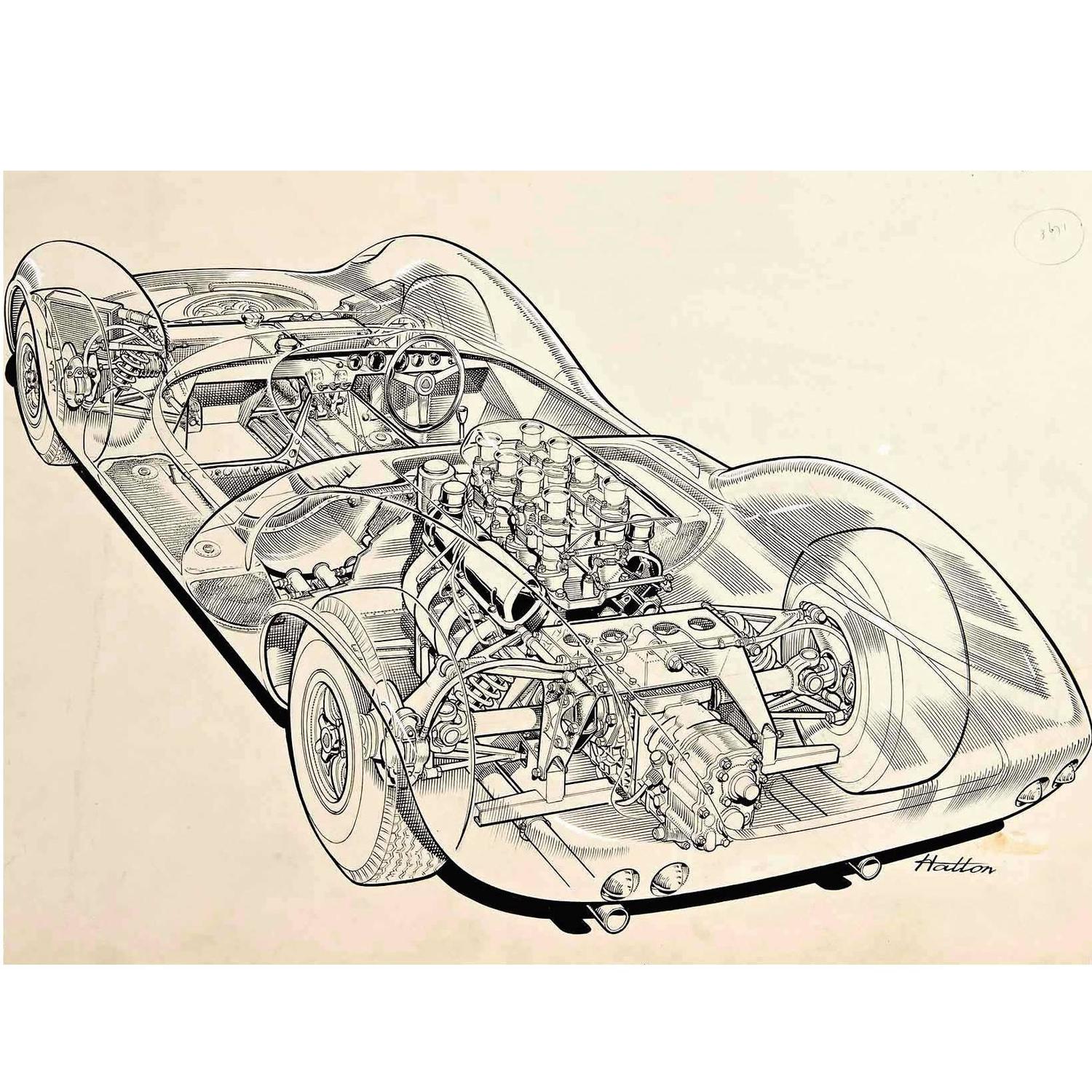 Original "Cutaway" Drawing of the Lotus 30 Racing Car by Brian Hatton