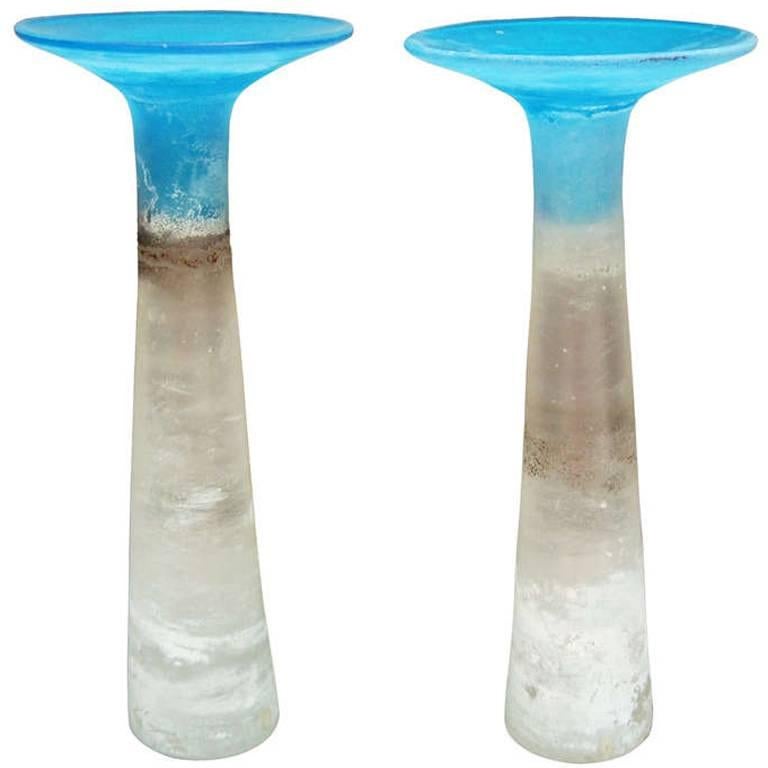 Monumental Pair of 1970s Cenedese Murano Scavo Glass Candleholders For Sale