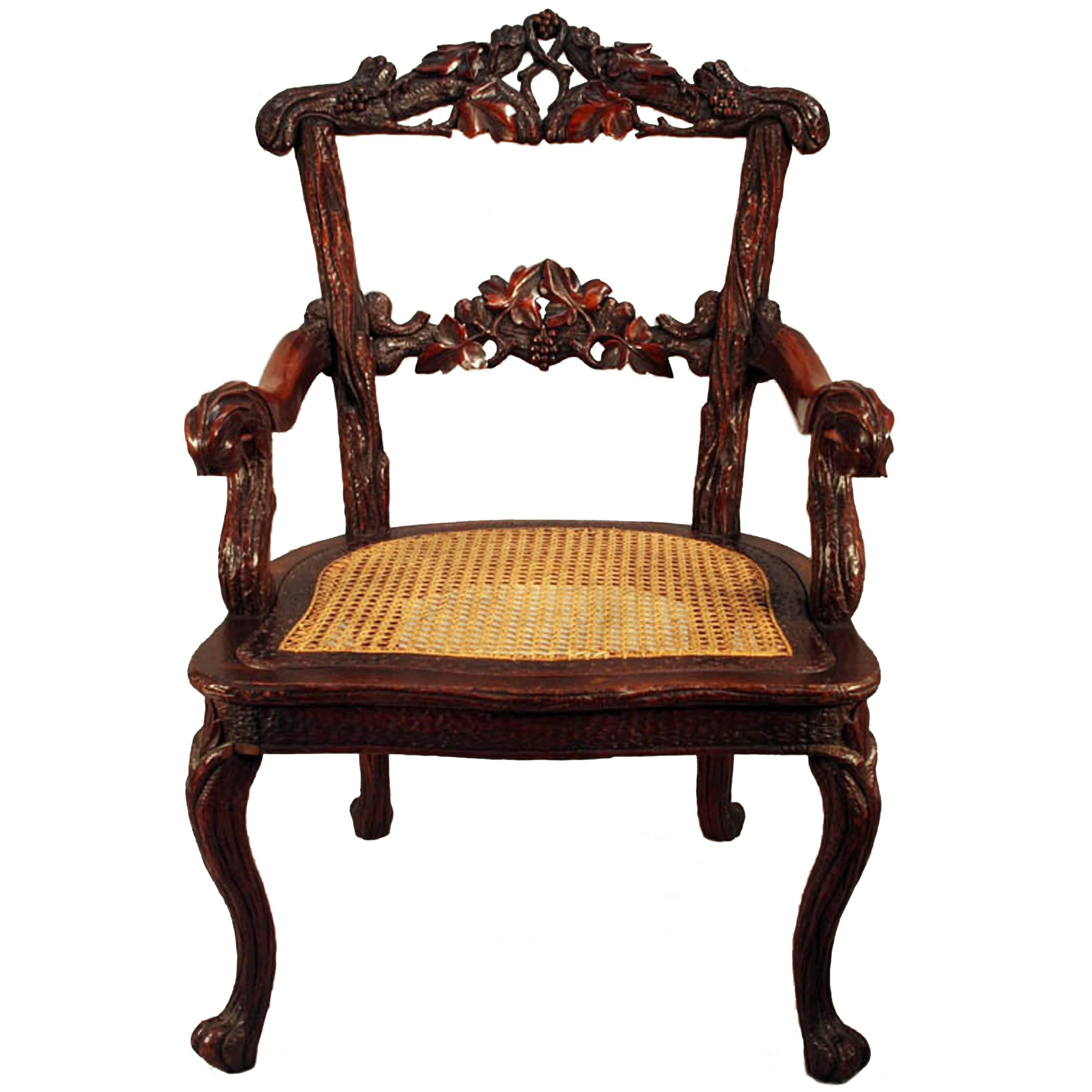 19th Century Black Forest Carved Wood Armchair, European For Sale