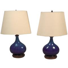 Pair of Small Blue Flambé Glazed Pottery Lamps