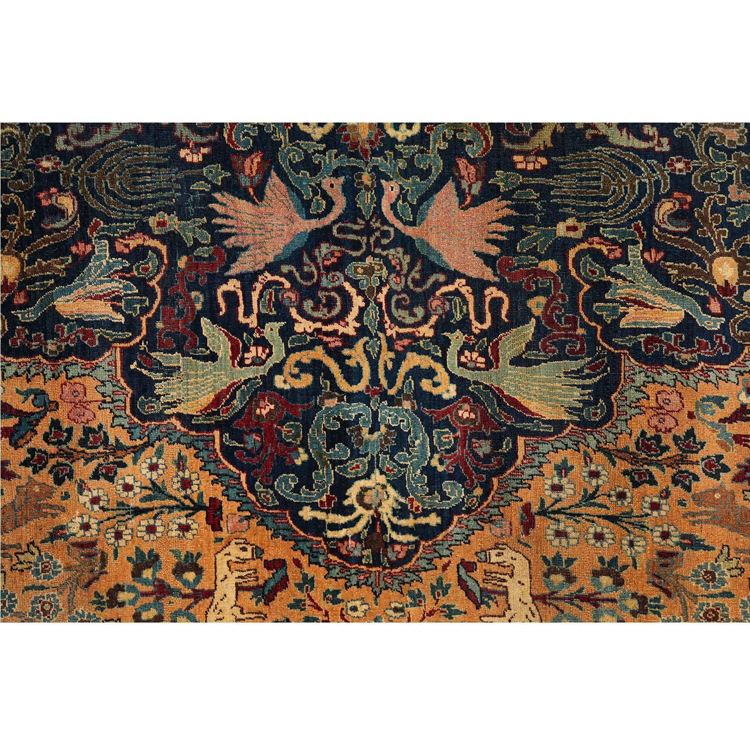 This Persian Tabriz carpet was woven by the order of Prince Shahrukh Mirza circa 1870, as stated by the signature in the carpet's border. It consists of a cotton warp and thread, hand-knotted pure wool pile and natural vegetable dyes. The level of