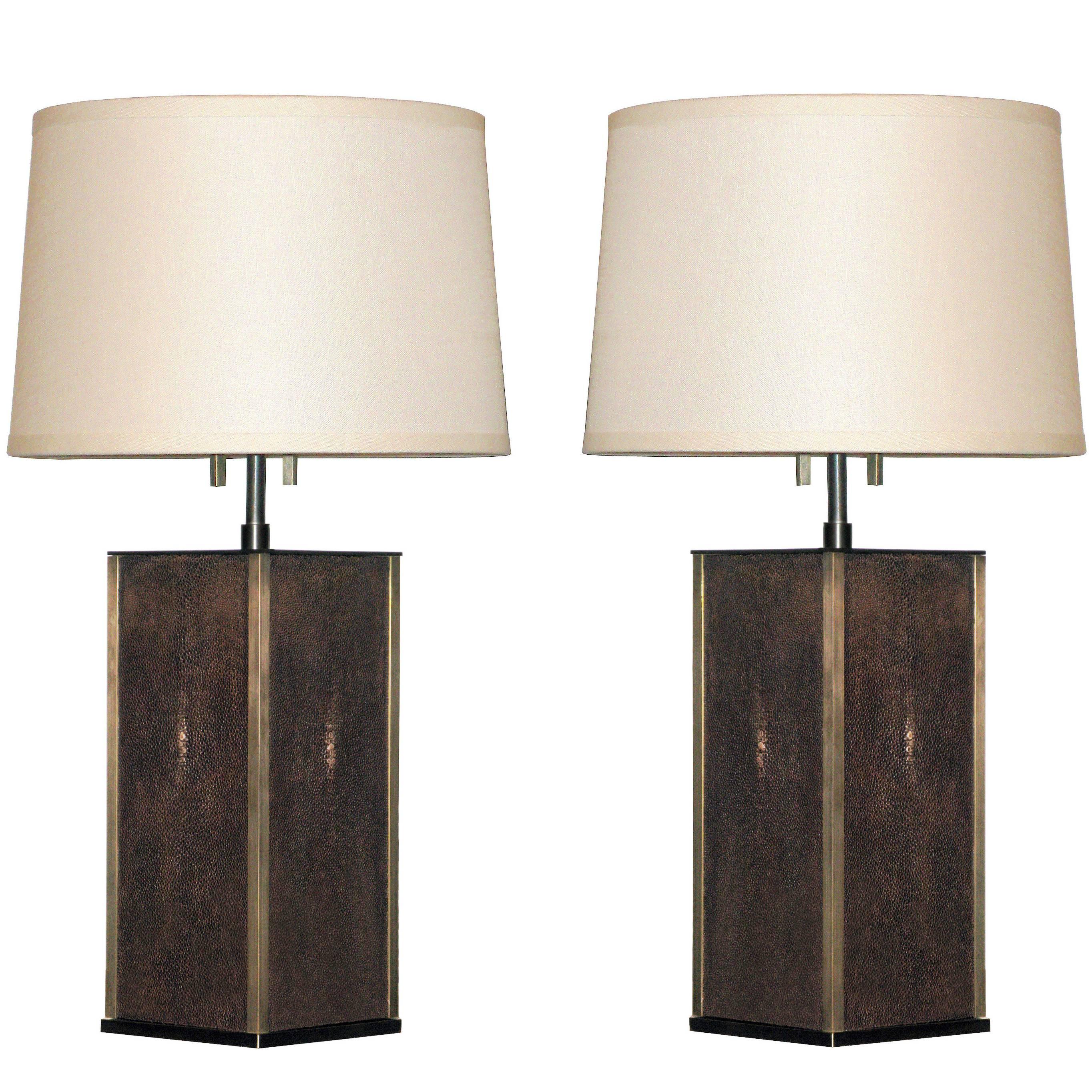 Pair of Table Lamps in Bronze with Shagreen Panels by Karl Springer