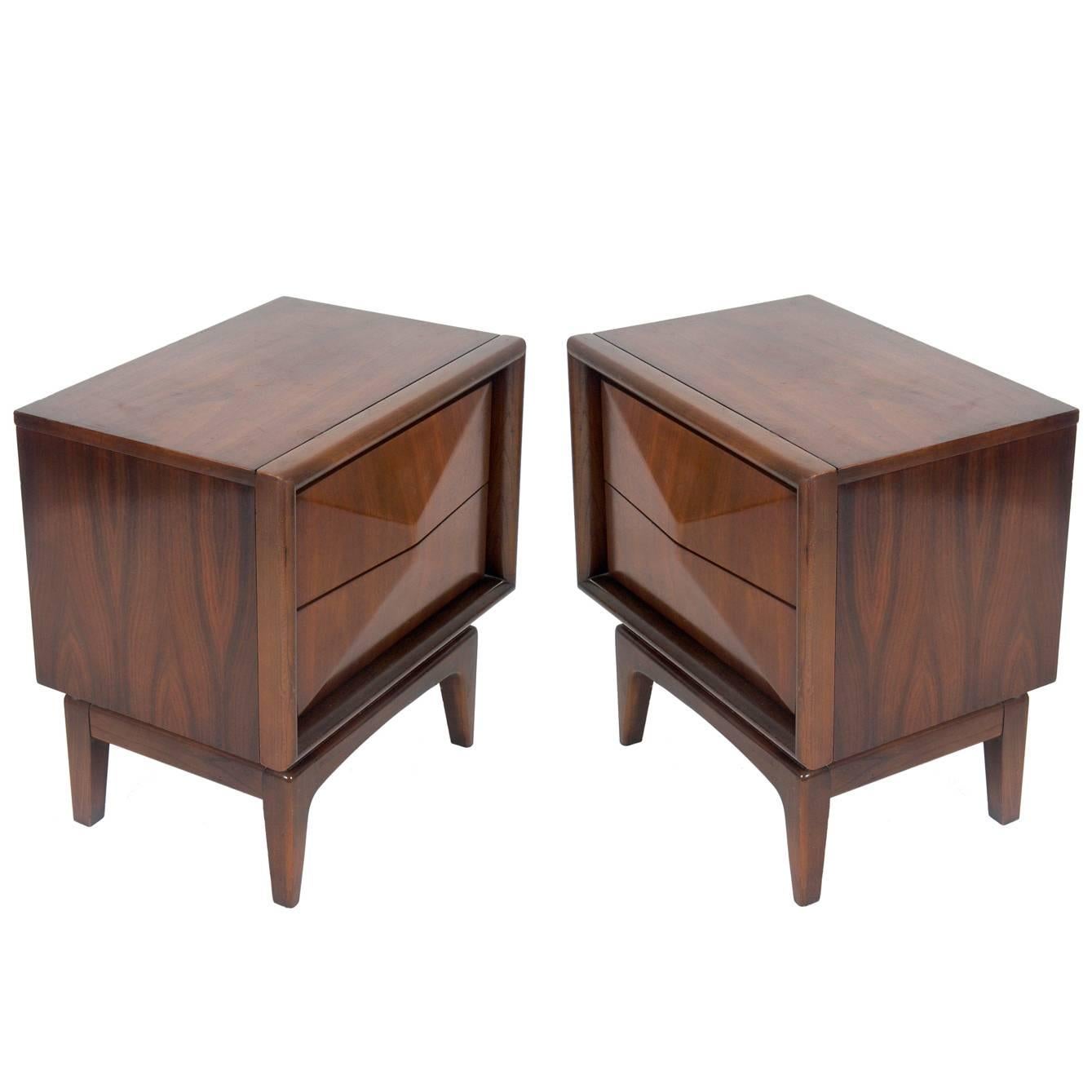 Walnut Midcentury Convex Drawer Night Stands or End Tables