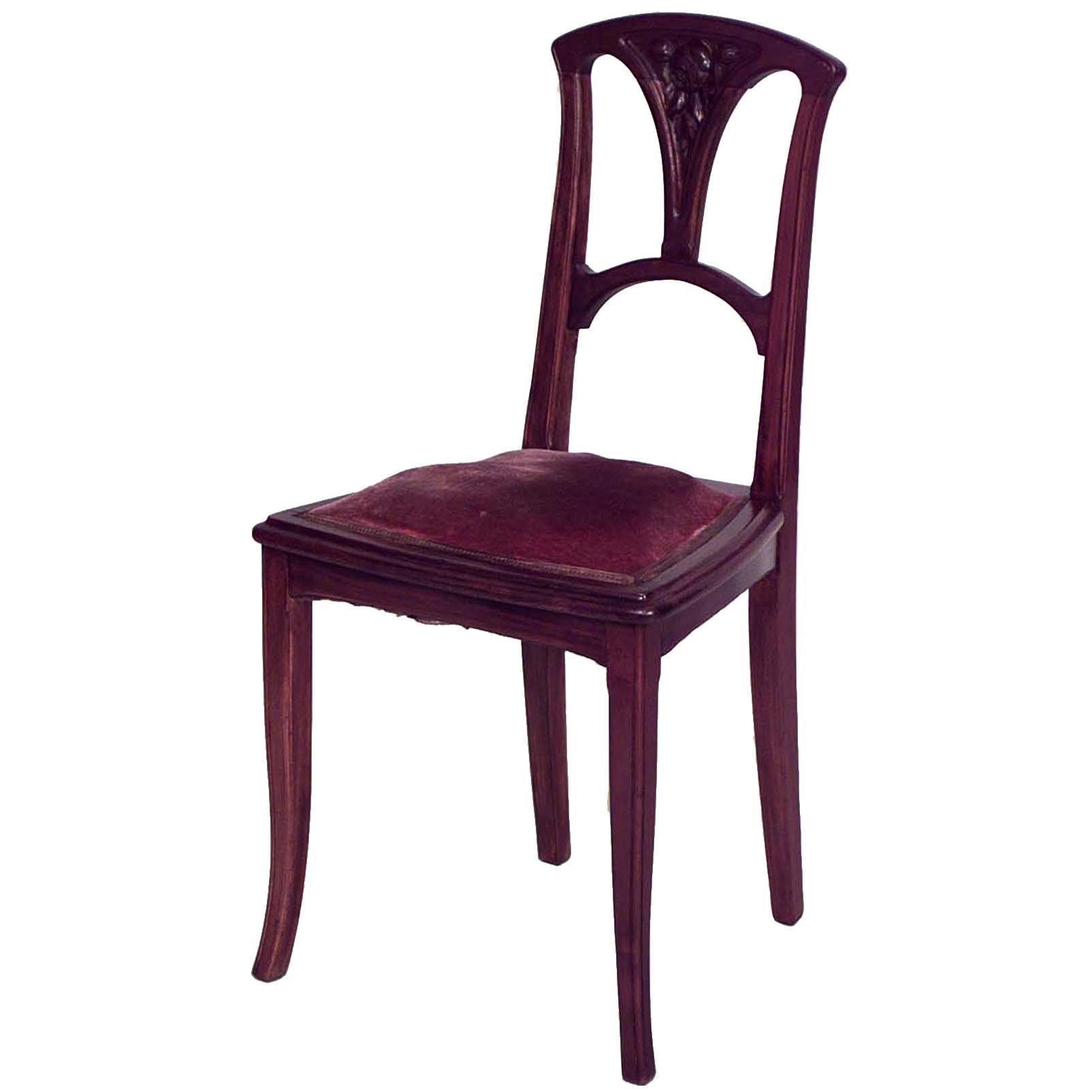French Art Nouveau Walnut and Velvet Side Chair For Sale