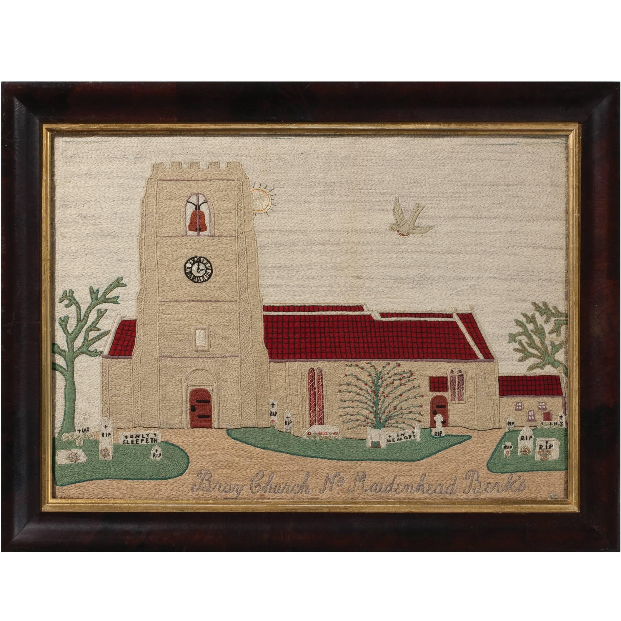Woolwork Picture of Bray Church, England, circa 1850 For Sale