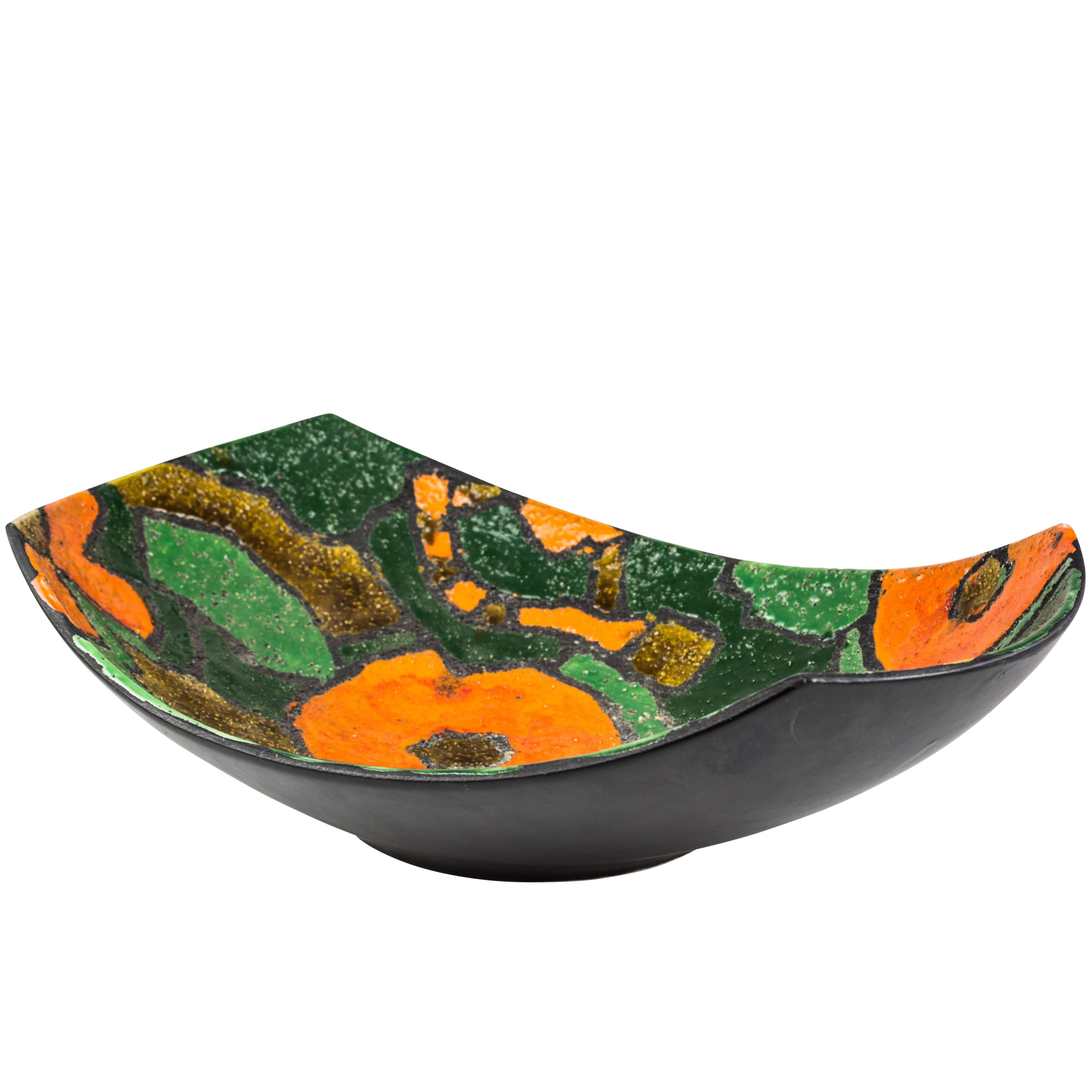 Bitossi Raymor Ceramic Bowl Alvino Bagni Scoop Orange Green Signed Italy 1960's