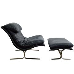 Leather and Brass Lounge Chair and Ottoman by Lane